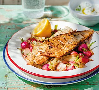 Candát polévaný máslem s fenyklem a ředkvičkami